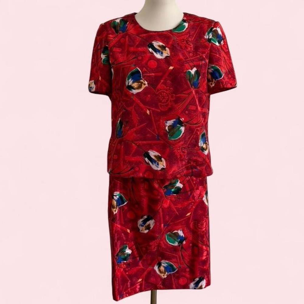 Vintage‎ Red Abstract Floral Print Two-Piece Midi Dress Set — Size L